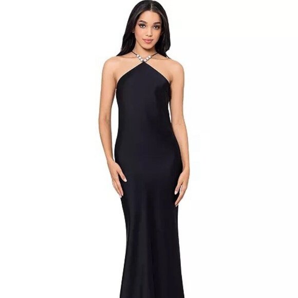 Betsy & Adam Dresses & Skirts - Betsy & Adam Size 10 Black Pavé-Bead Rhinestone Satin Halter Ball Gown Dress NWT